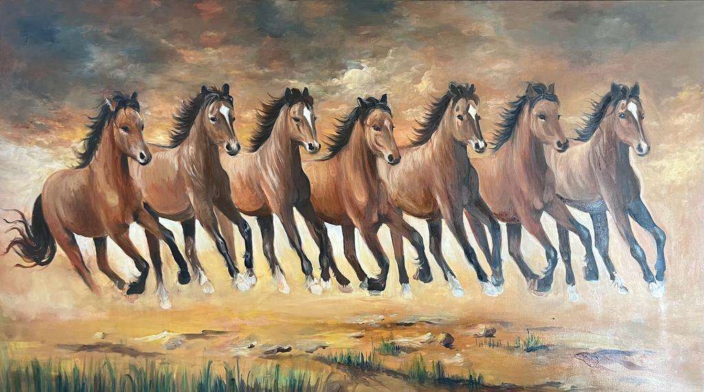 A breathtaking painting depicting seven running horses in full motion, showcasing their strength, grace, and untamed spirit. The vibrant artwork captures the essence of the horses' dynamic movement, with flowing manes and powerful strides, symbolizing freedom and boundless energy."